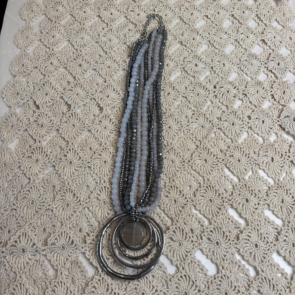 Strand Multi Strand Beaded Necklace Layered Circle Pendant Grey Silver Tone